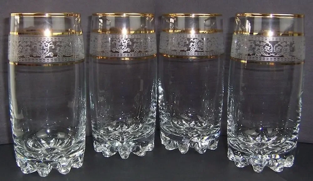 Vintage Paloma Gold & Lace Crystal Highball Glasses Set of 4 Hand Decorated